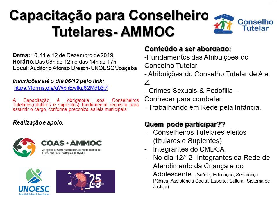 Read more about the article Nos dias 10, 11 e 12 de dezembro ocorreu a Capacitação Obrigatória para os Conselheiros Tutelares, titulares e suplentes da Região da AMMOC, fundamental para assumir o cargo a partir do ano de 2020, c